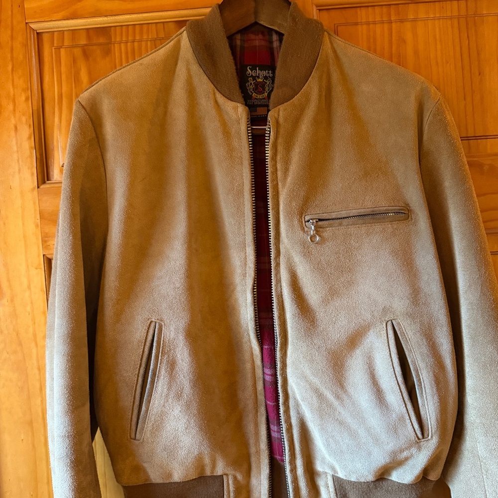 Schott NYC Men’s Suede Leather Bomber Jacket Sz Large in Tan Beige